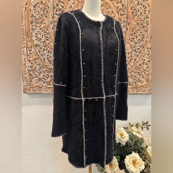 Sioni Classy Edgy Black Studded Fuzzy Knit Long White Stitch Cardigan w/Top Snap - Picture 4 of 14